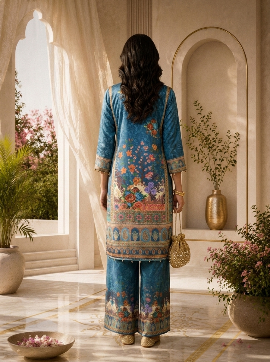 Teal Crepe Paisley Digital Printed Three Piece Set