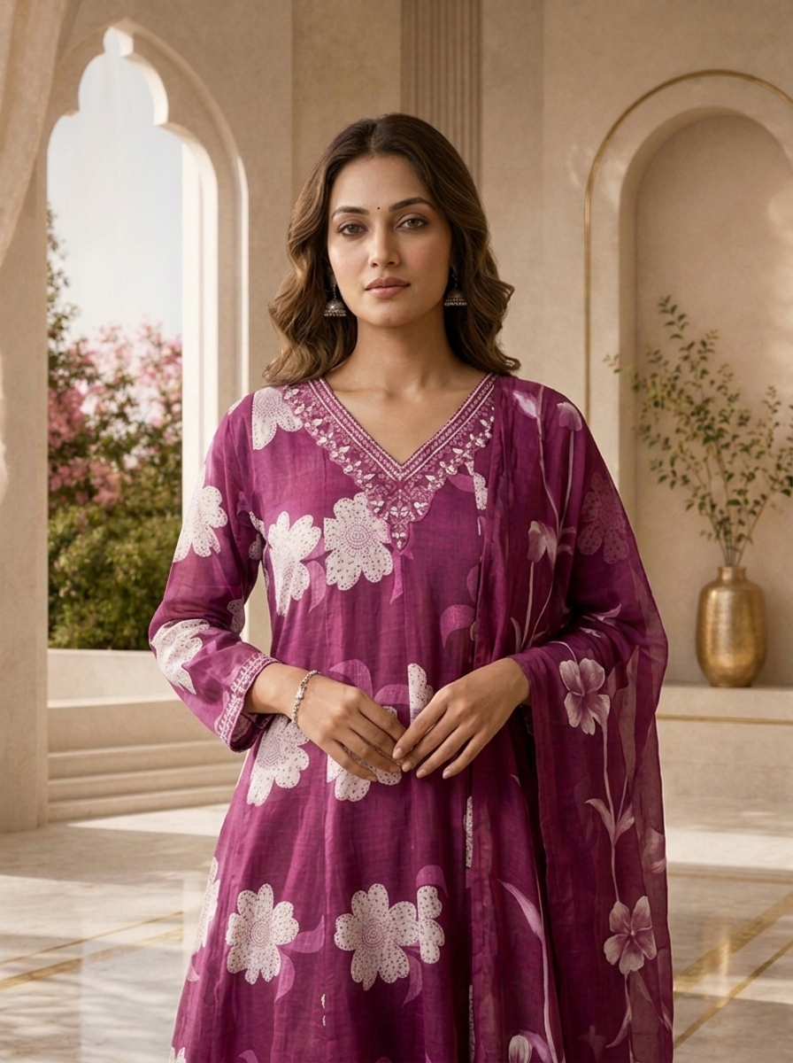 Purple Cotton Floral Printed And Beads Embroidery Three Piece Set