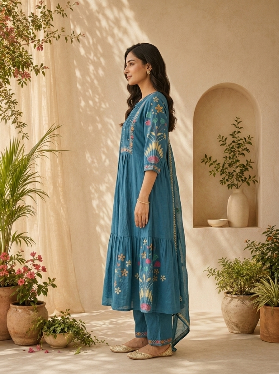 Teal Pleated Design And Floral Printed Cotton Three Piece Set