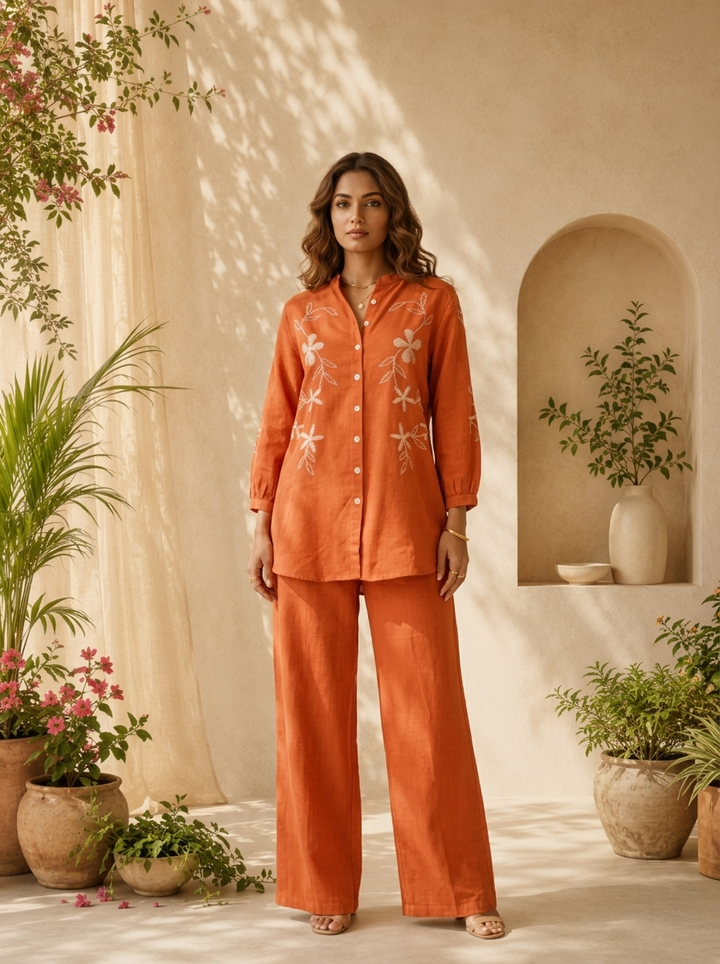 Burnt Orange Solid Design And Floral Thread Embroidery Two Piece Set