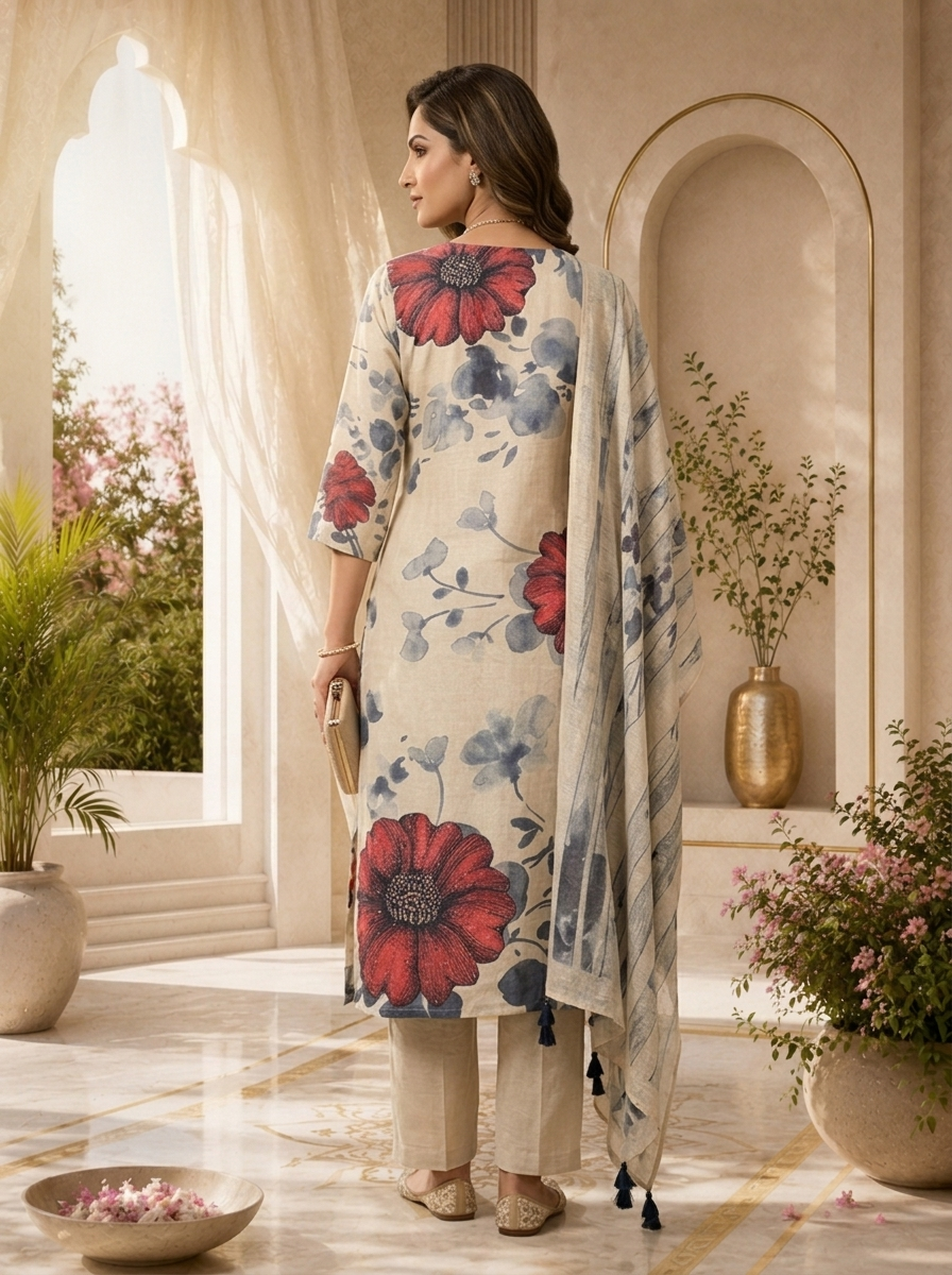 Off White Linen Floral Printed Three Piece Set