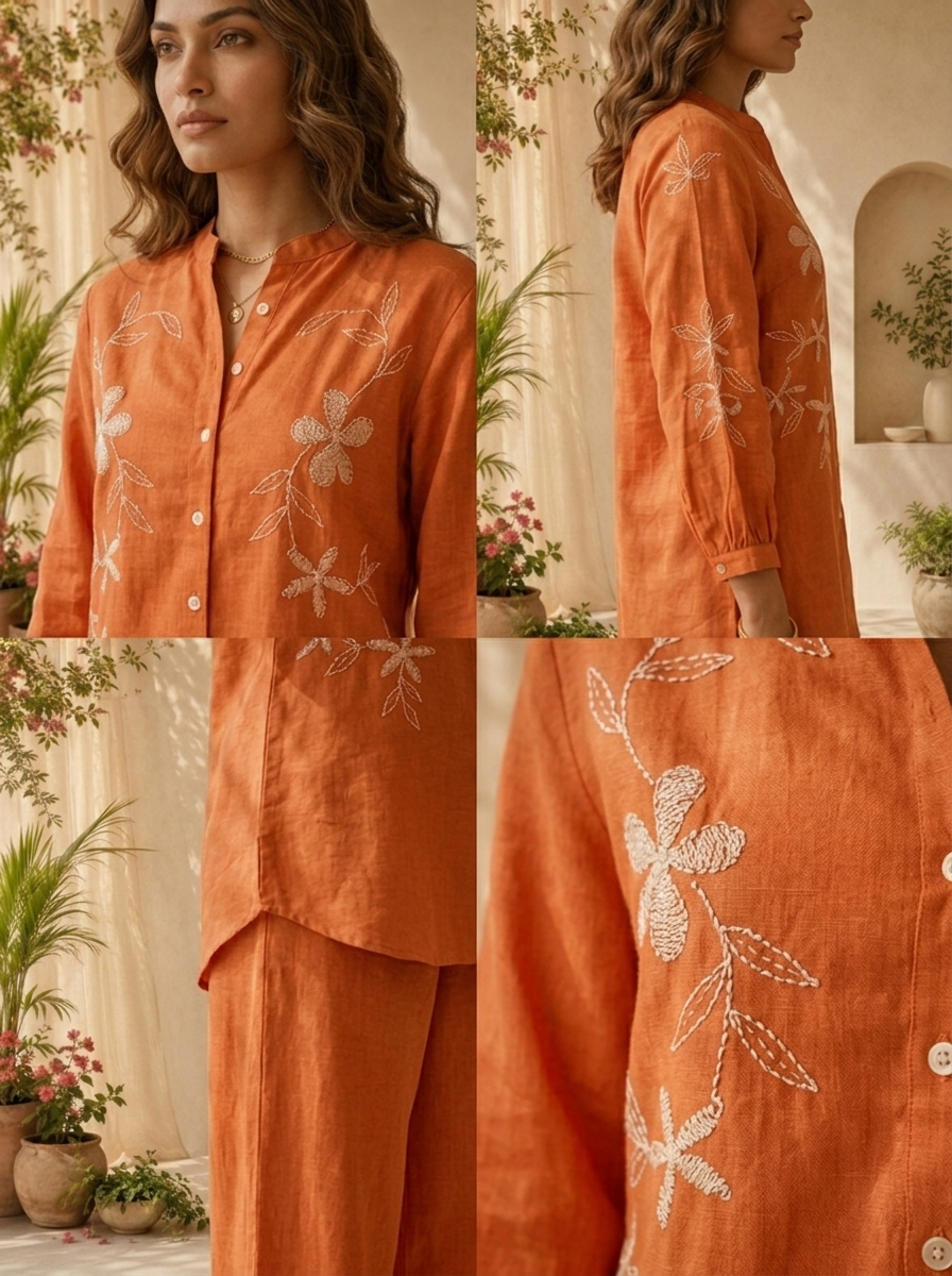 Burnt Orange Solid Design And Floral Thread Embroidery Two Piece Set
