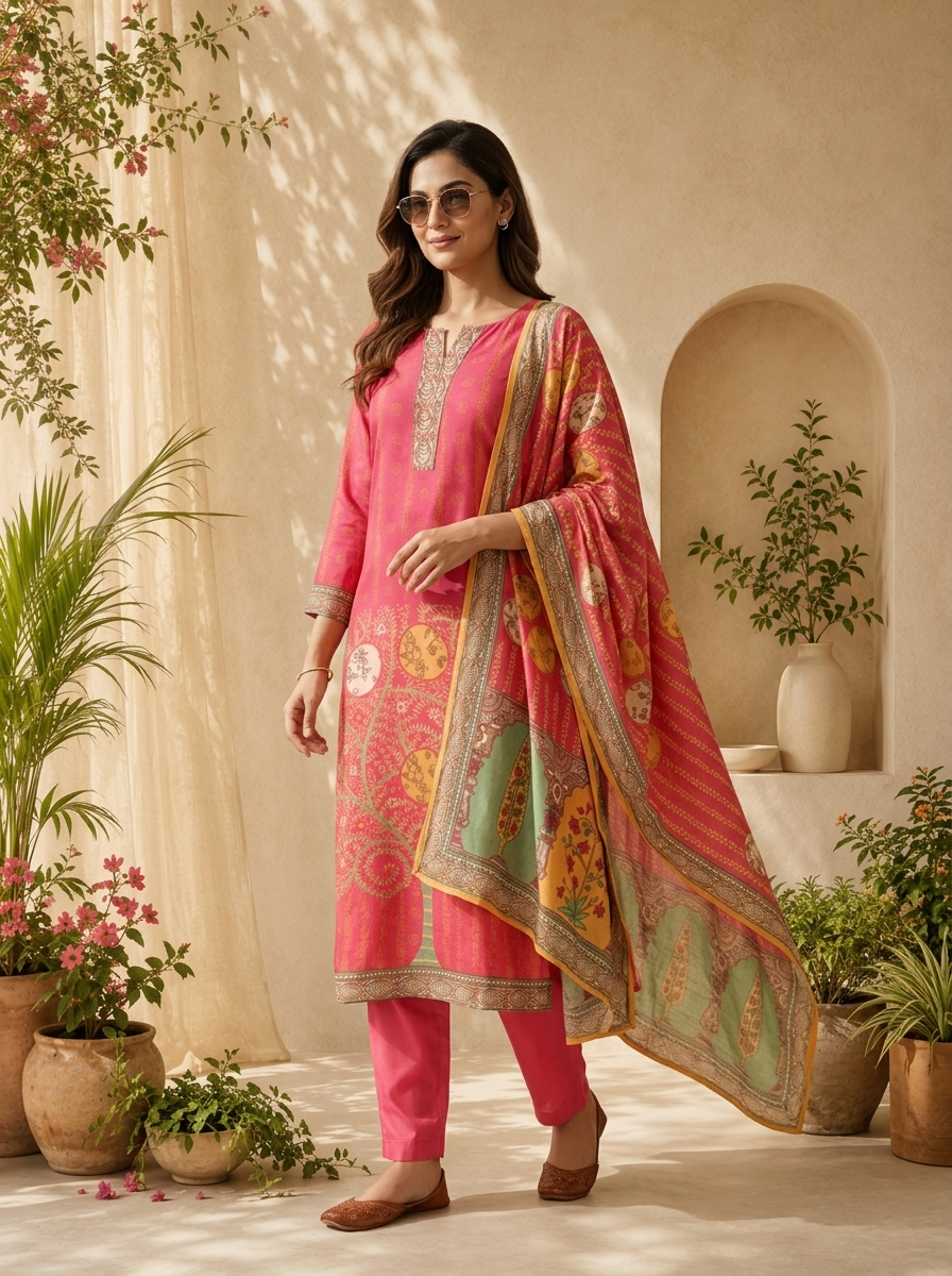 Magenta Paisley Motif Printed Three Piece Set