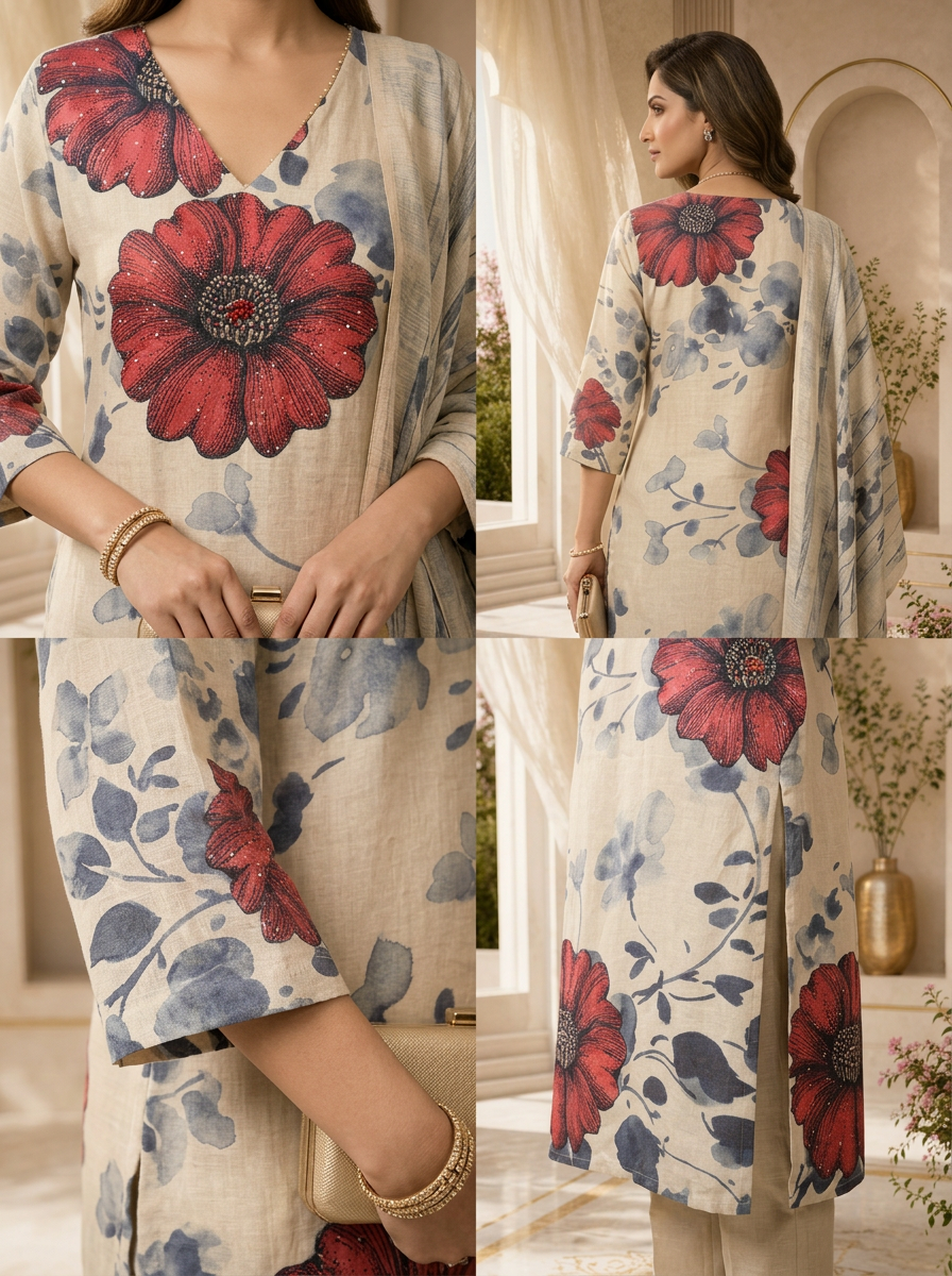 Off White Linen Floral Printed Three Piece Set