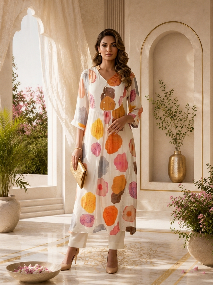 White Crepe Multi-Colour Dot Printed Kurta
