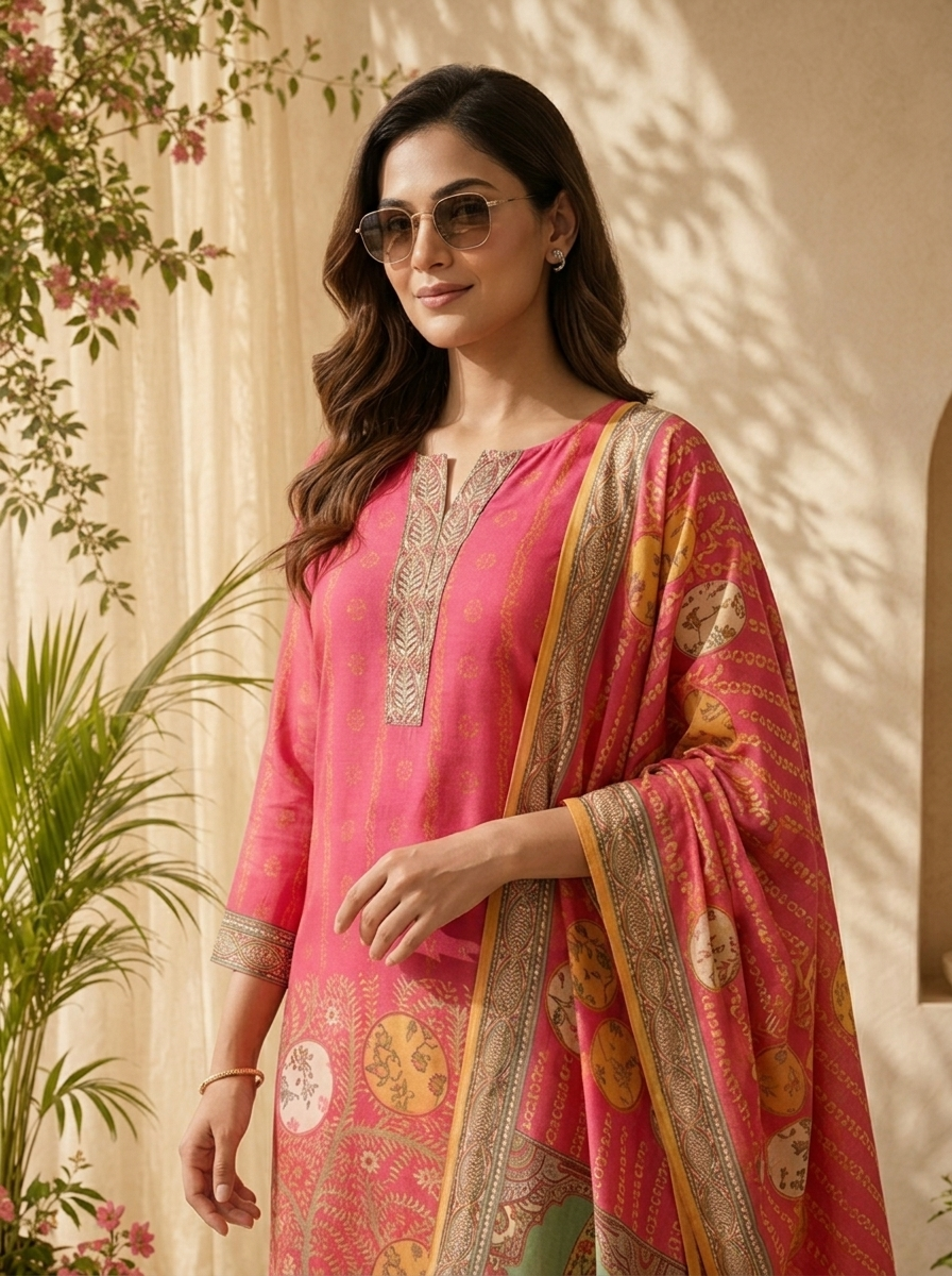 Magenta Paisley Motif Printed Three Piece Set