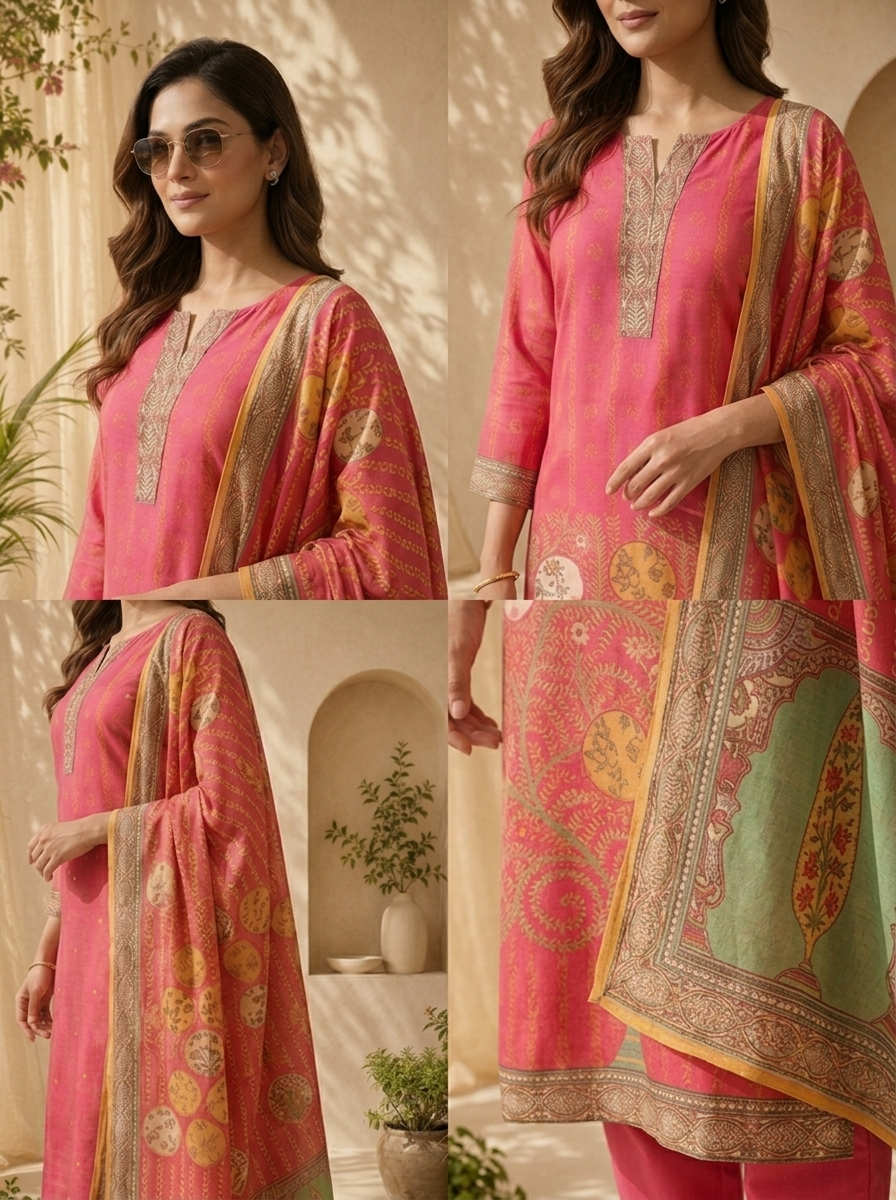 Magenta Paisley Motif Printed Three Piece Set