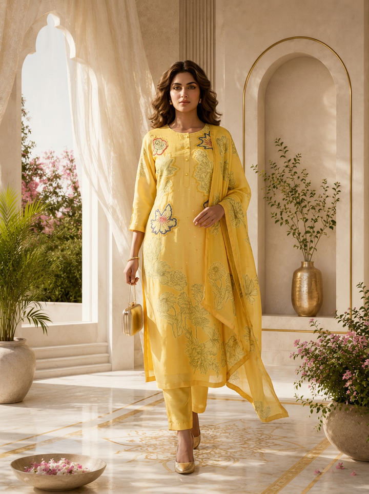 Yellow Muslin Floral Printed Three Piece Set