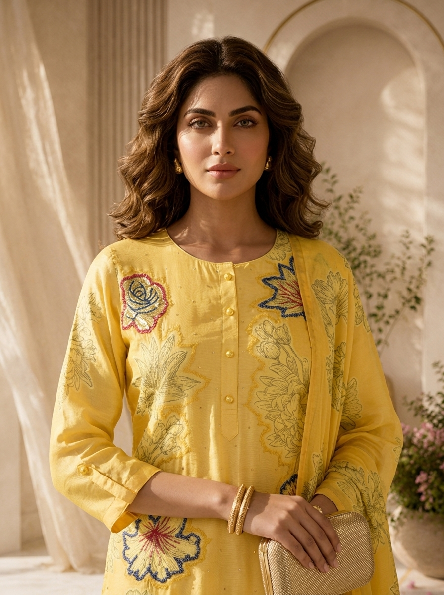 Yellow Muslin Floral Printed Three Piece Set
