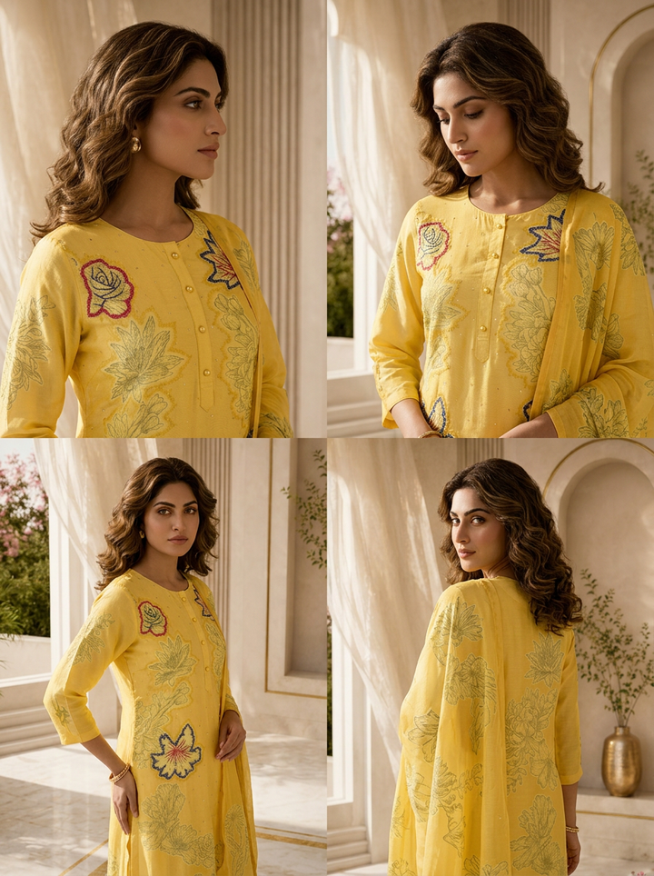 Yellow Muslin Floral Printed Three Piece Set