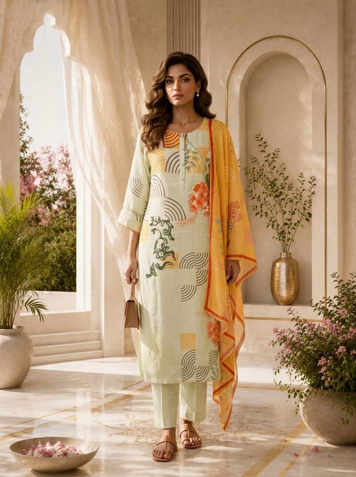 Pista Linen Floral Printed Three Piece Set