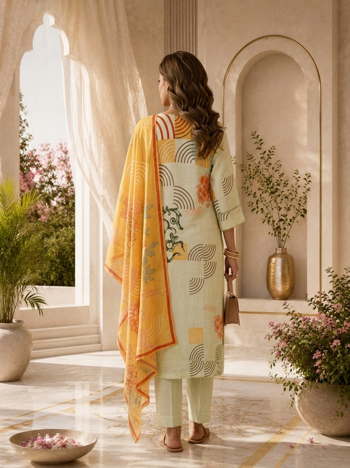 Pista Linen Floral Printed Three Piece Set