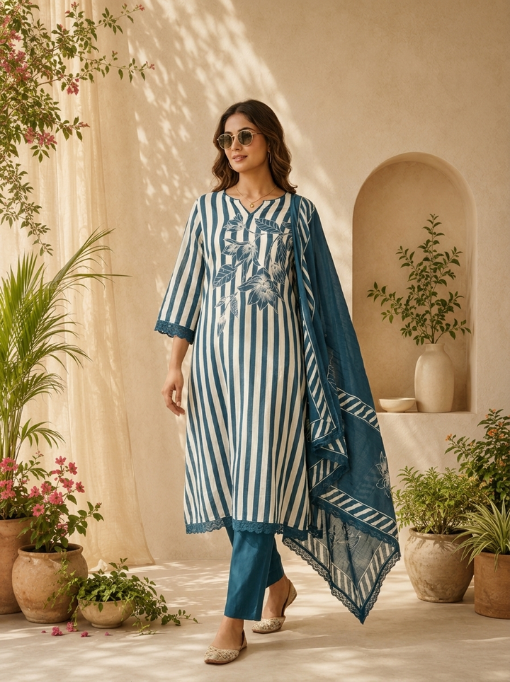 Rama Cotton Stripe And Floral Printed Three Piece Set