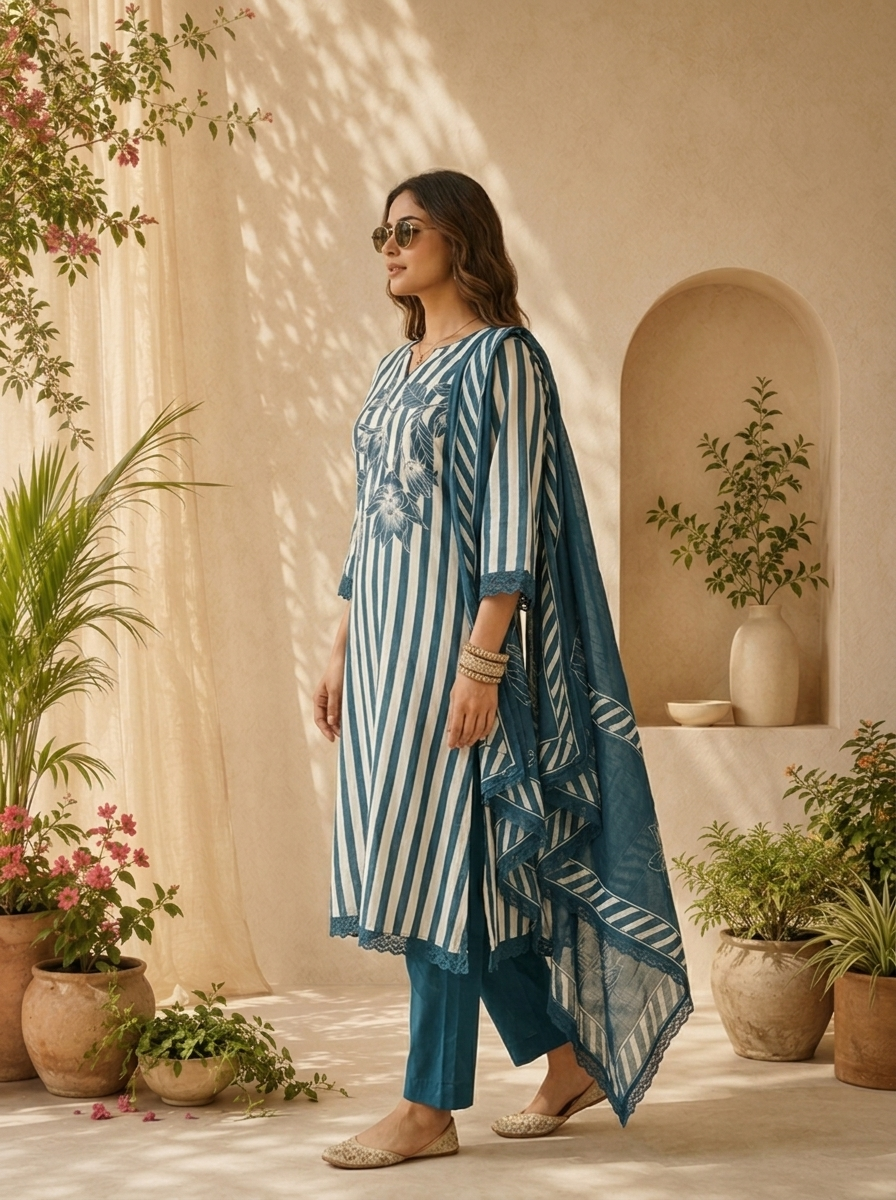 Rama Cotton Stripe And Floral Printed Three Piece Set