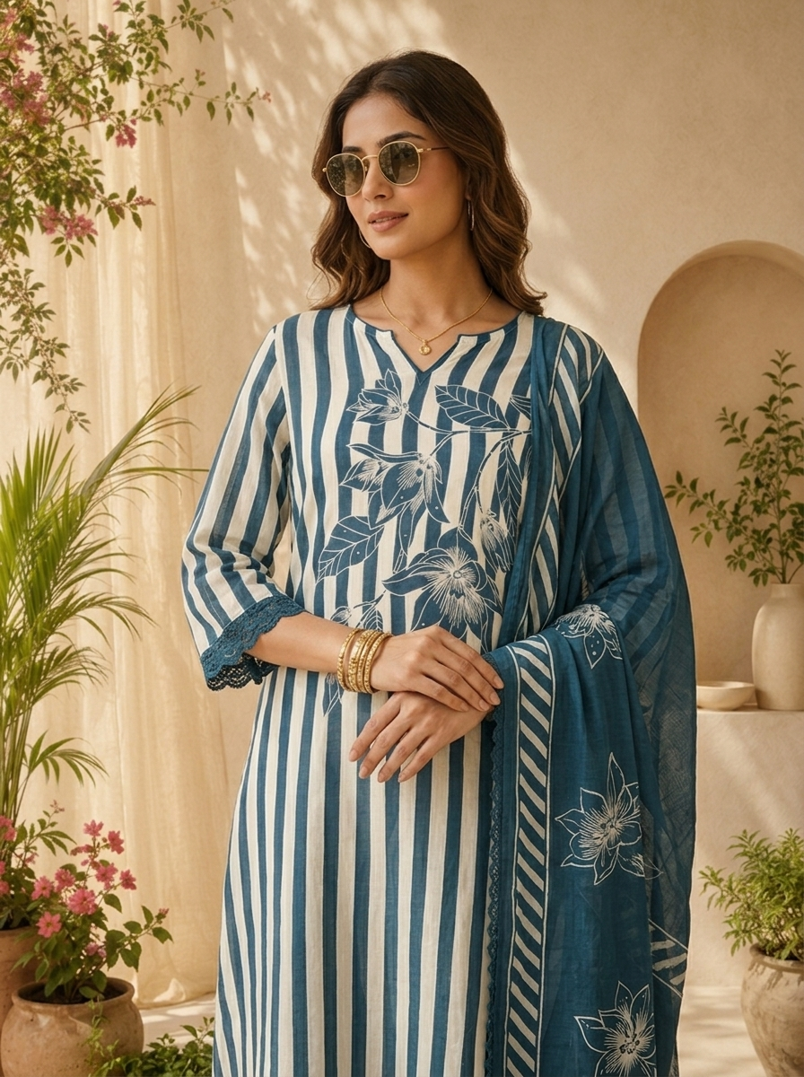 Rama Cotton Stripe And Floral Printed Three Piece Set
