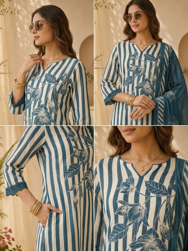 Rama Cotton Stripe And Floral Printed Three Piece Set