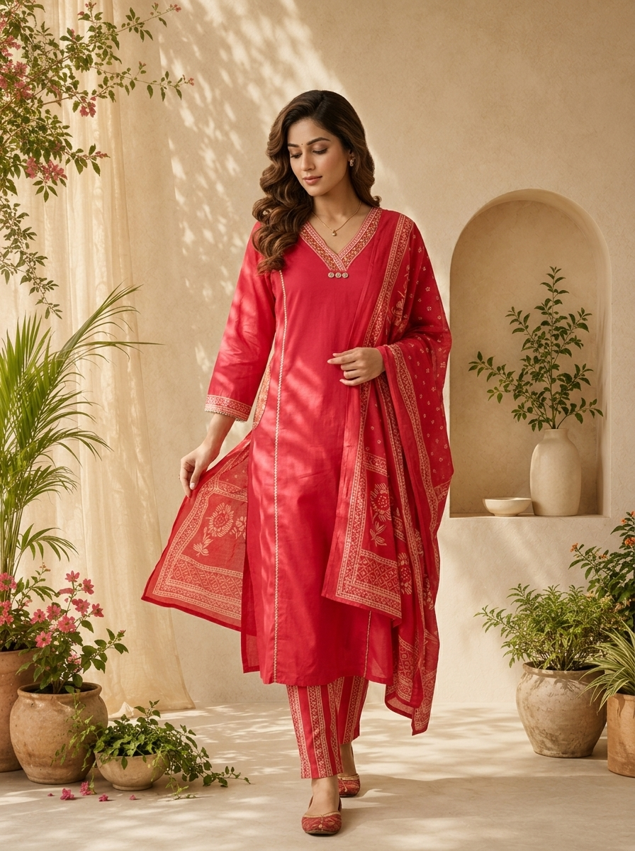 Rani Cotton Floral Thread And Patch Embroidery Three Piece Set