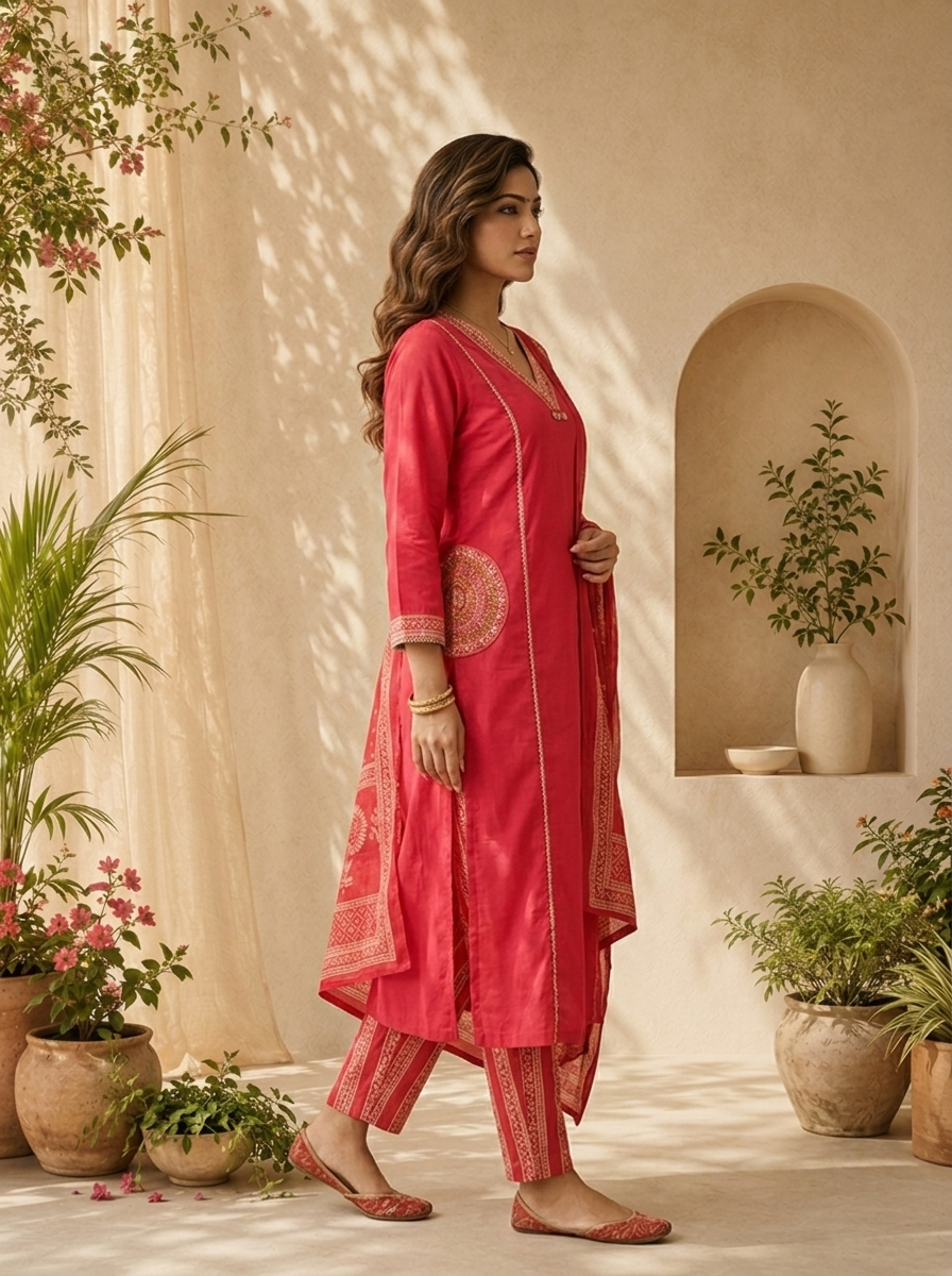 Rani Cotton Floral Thread And Patch Embroidery Three Piece Set