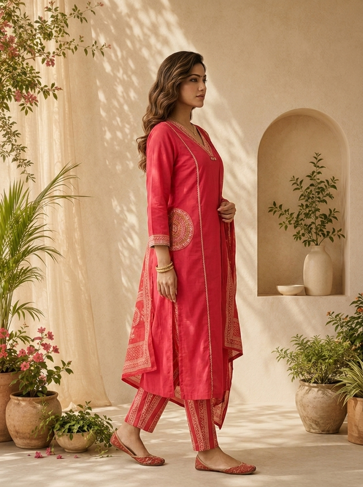 Rani Cotton Floral Thread And Patch Embroidery Three Piece Set