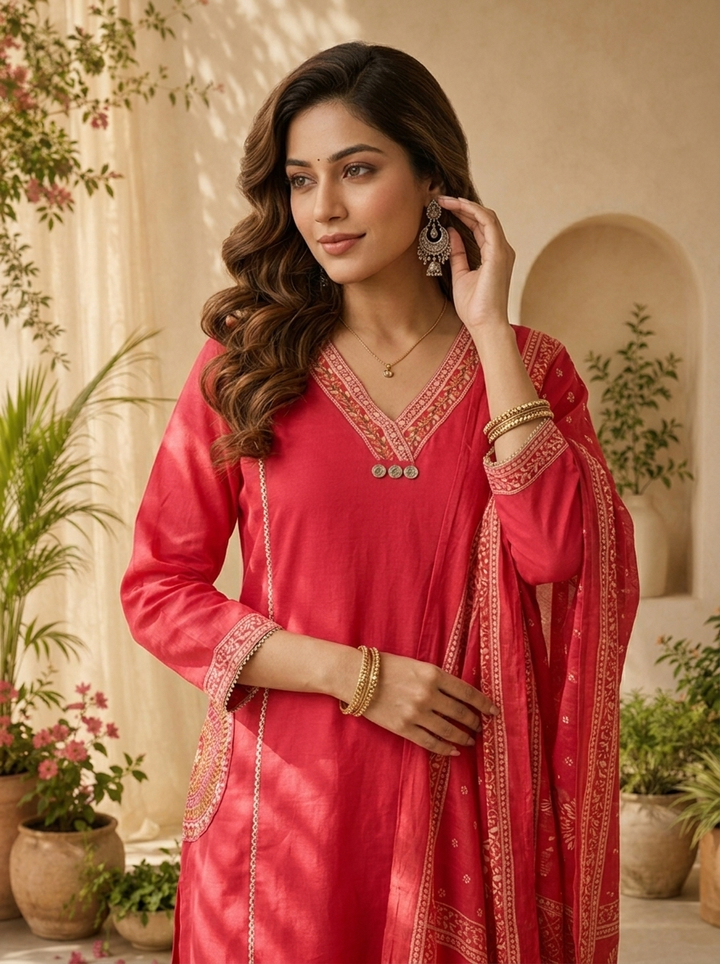 Rani Cotton Floral Thread And Patch Embroidery Three Piece Set