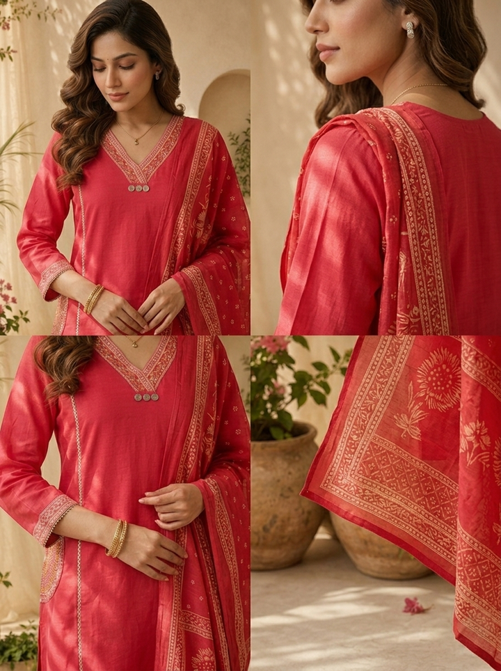 Rani Cotton Floral Thread And Patch Embroidery Three Piece Set