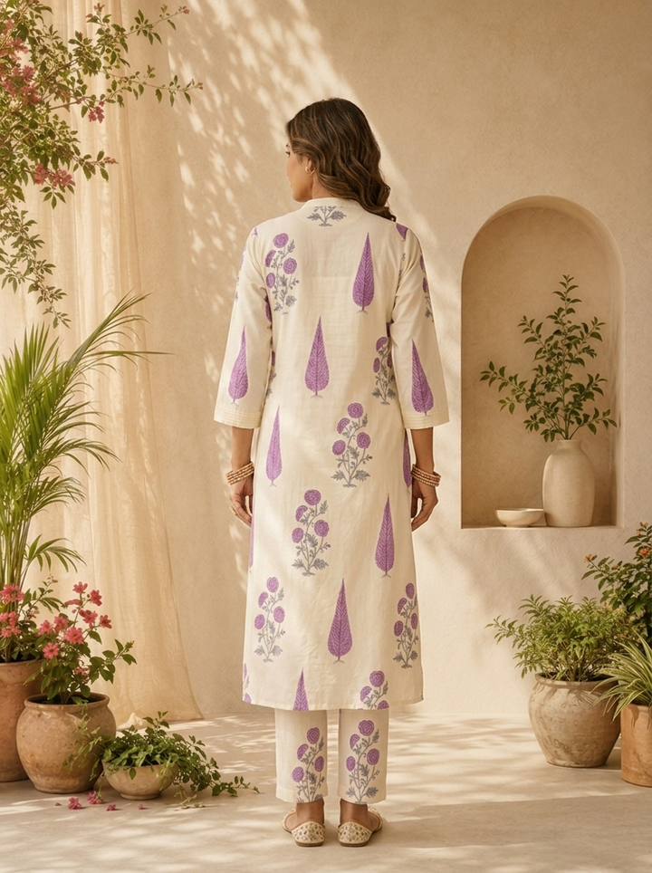 Lavender Cotton Floral Printed And Pleated Two Piece Set