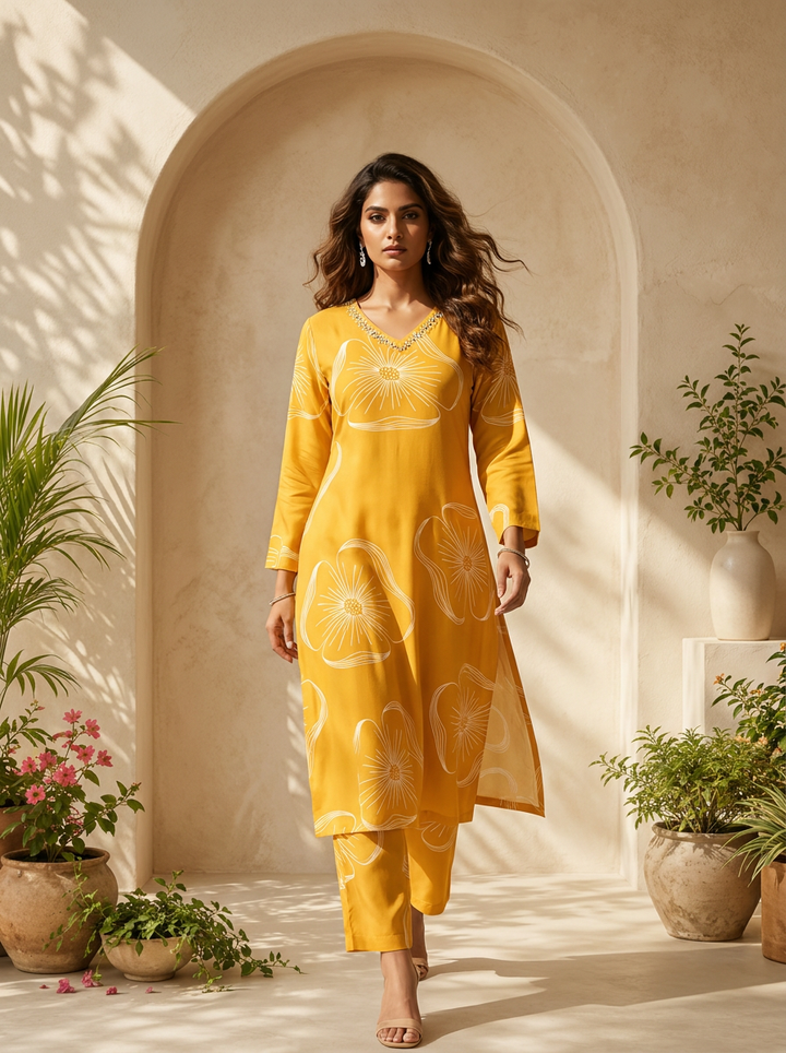Mustard Floral Printed Two Piece Set