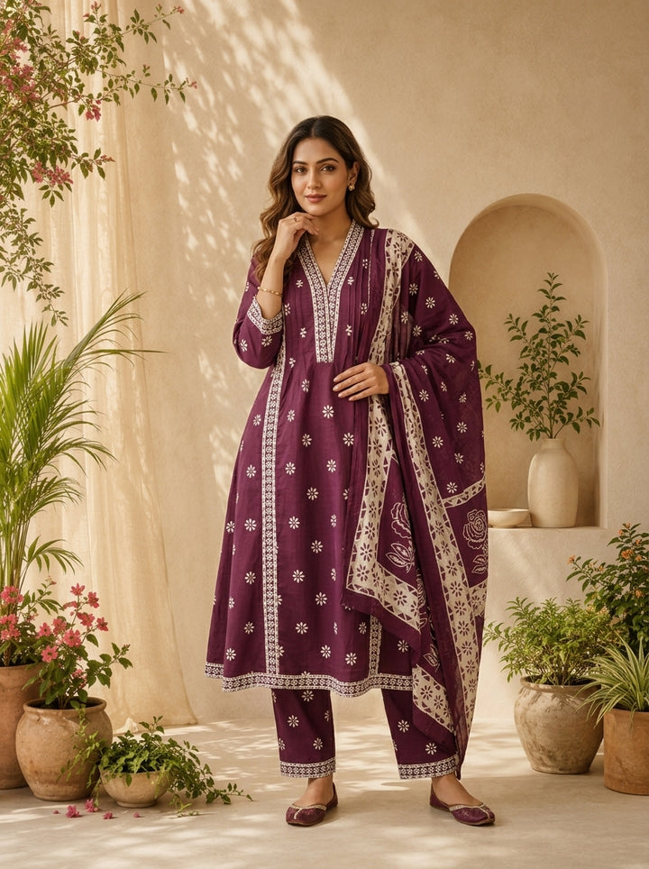 Wine Cotton Printed And Beads Embroidered Three Piece Set