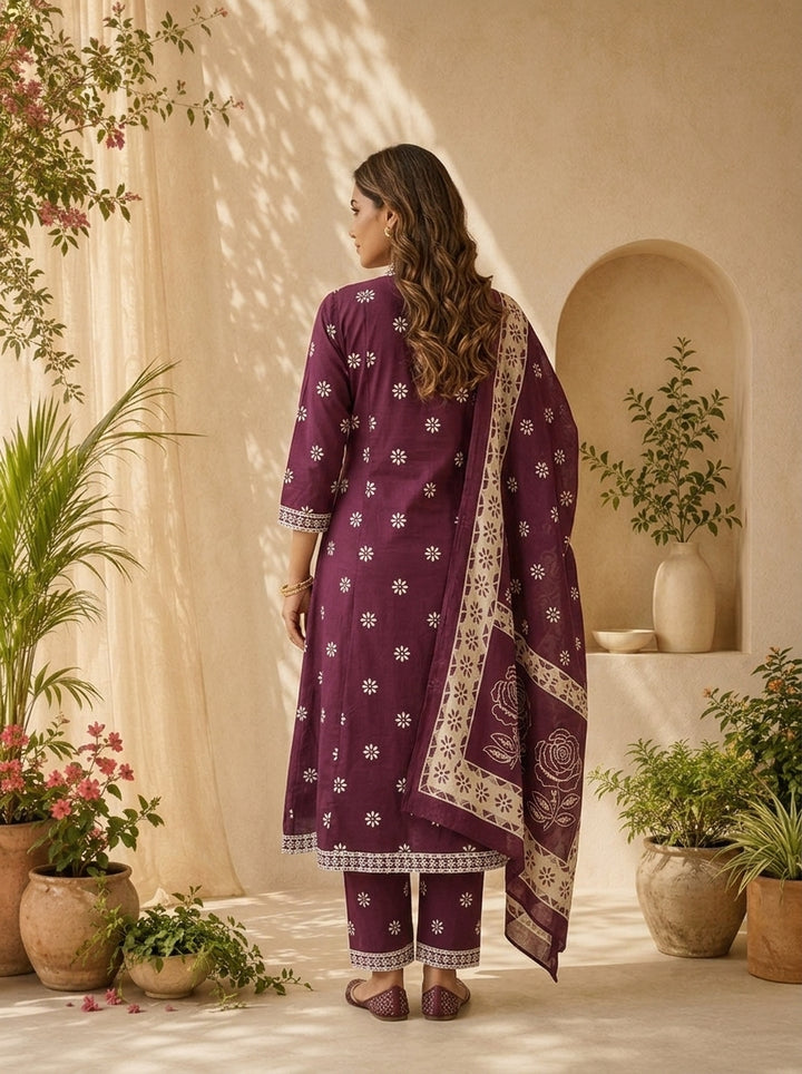 Wine Cotton Printed And Beads Embroidered Three Piece Set