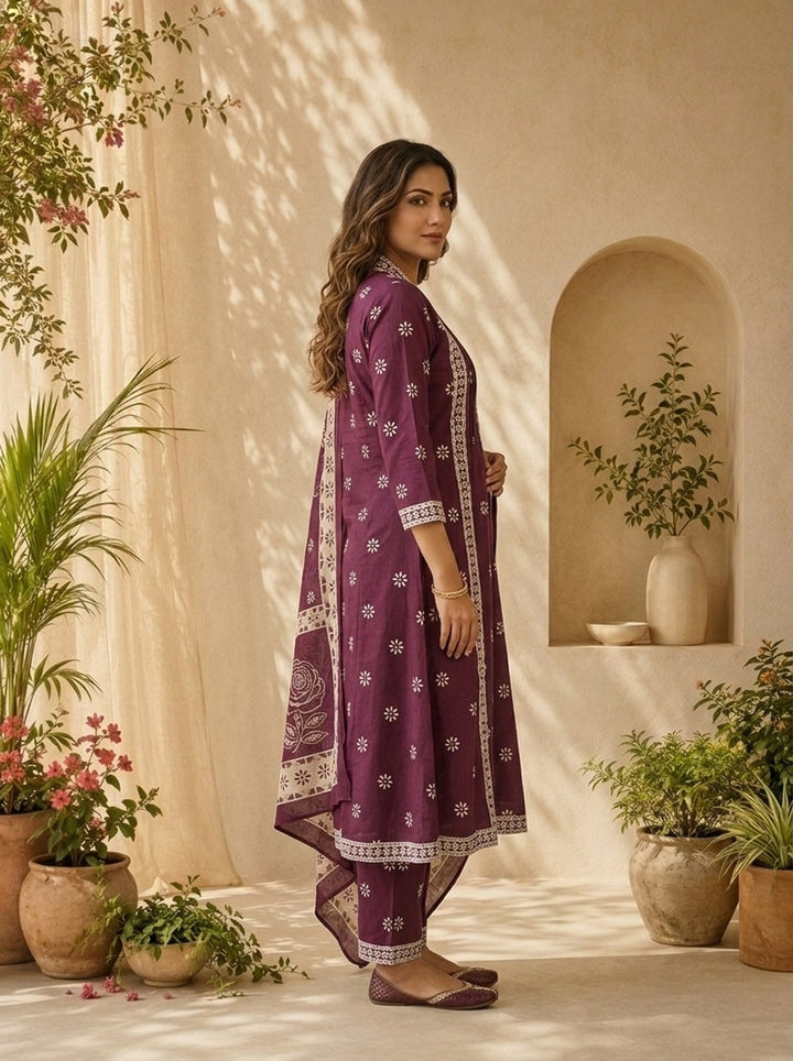Wine Cotton Printed And Beads Embroidered Three Piece Set