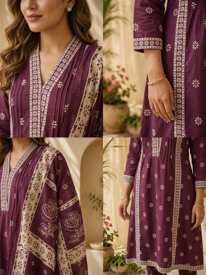 Wine Cotton Printed And Beads Embroidered Three Piece Set