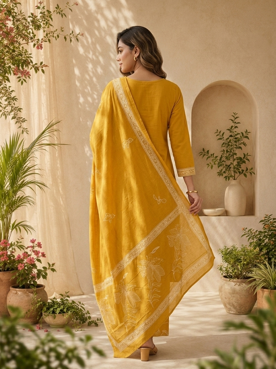 Mustard Floral Thread Embroidery And Patch Embroidery Cotton Three Piece Set