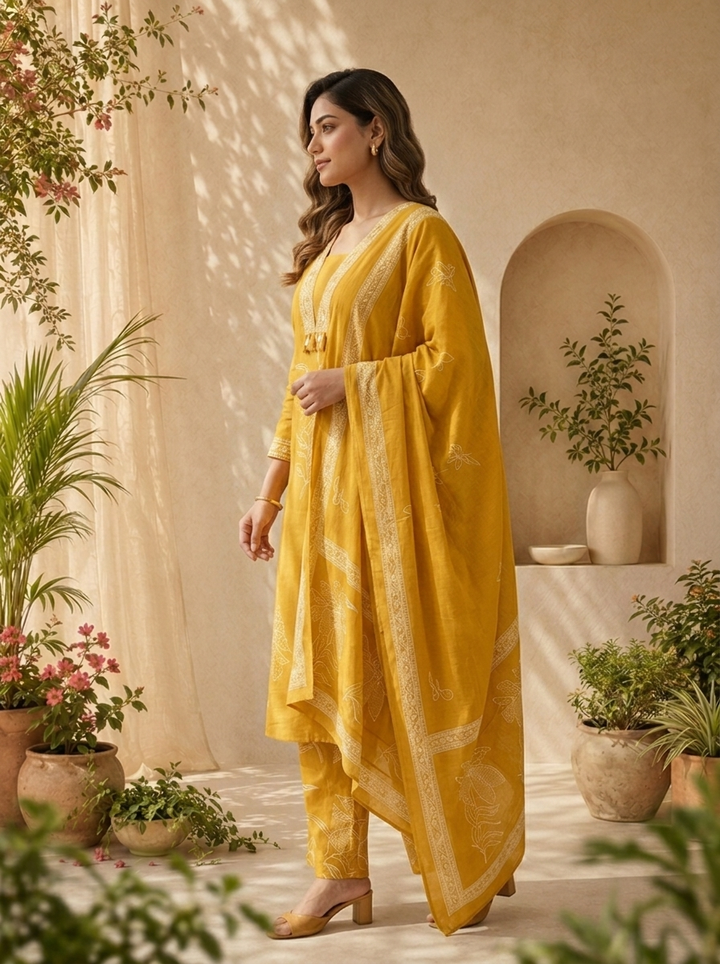 Mustard Floral Thread Embroidery And Patch Embroidery Cotton Three Piece Set