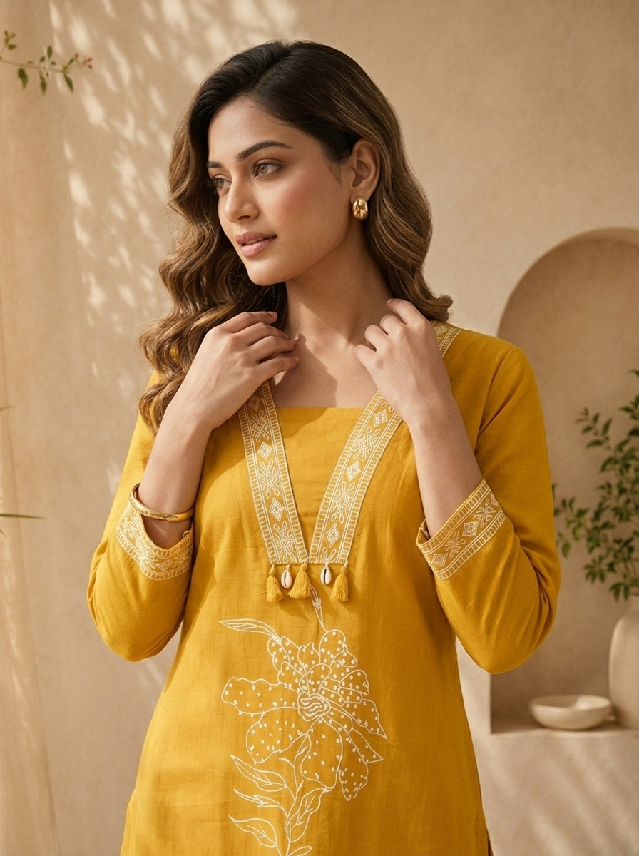 Mustard Floral Thread Embroidery And Patch Embroidery Cotton Three Piece Set