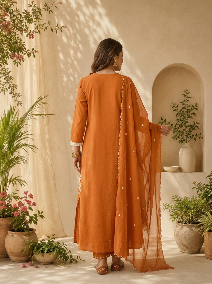 Rust Cotton Embroidered Three Piece Set With Coordinated Dupatta