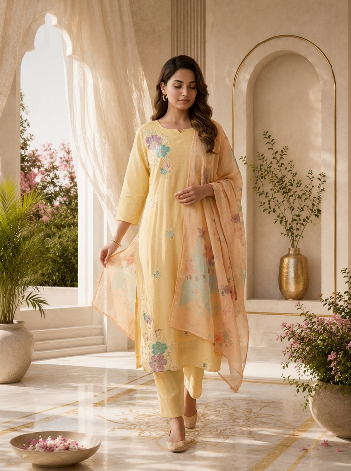 Pastel Yellow Muslin Three Piece Set With Floral Accents