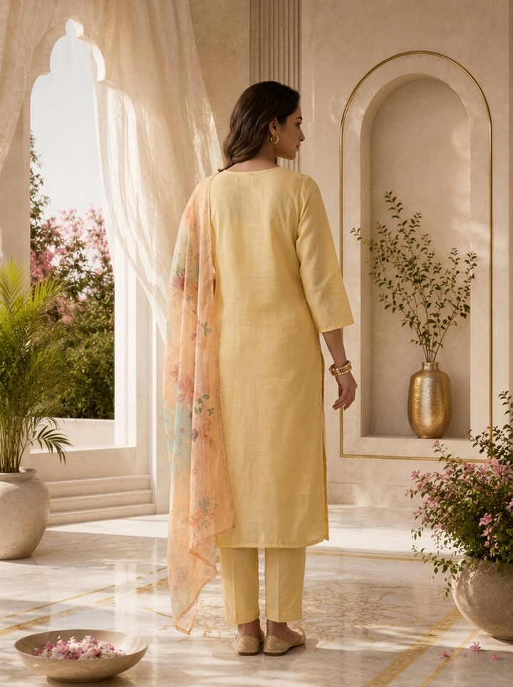 Pastel Yellow Muslin Three Piece Set With Floral Accents