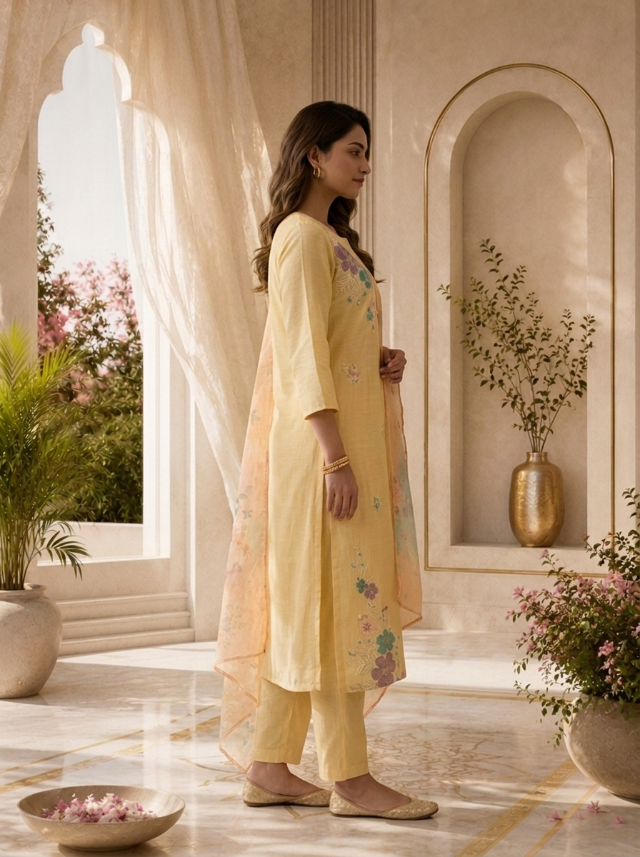 Pastel Yellow Muslin Three Piece Set With Floral Accents