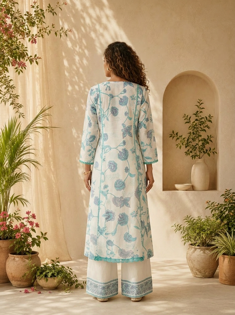 White And Ferozi Floral Printed And Patch Embroidery Three Piece Set