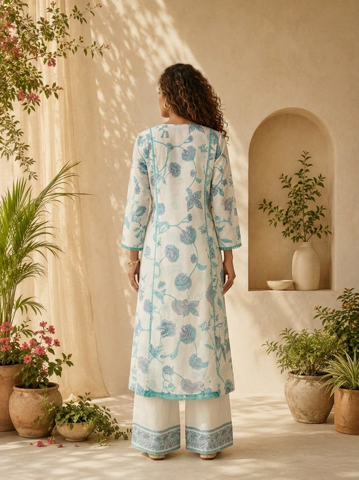 White And Ferozi Floral Printed And Patch Embroidery Three Piece Set