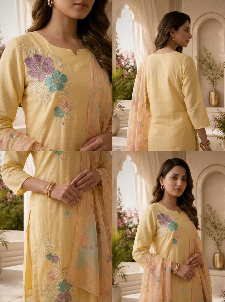Pastel Yellow Muslin Three Piece Set With Floral Accents