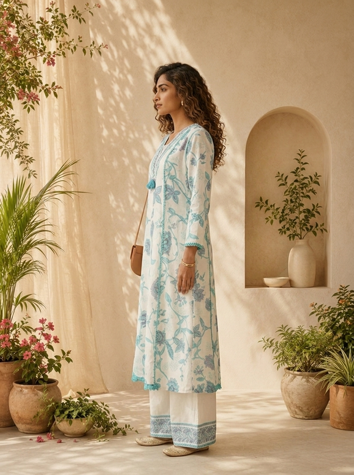 White And Ferozi Floral Printed And Patch Embroidery Three Piece Set