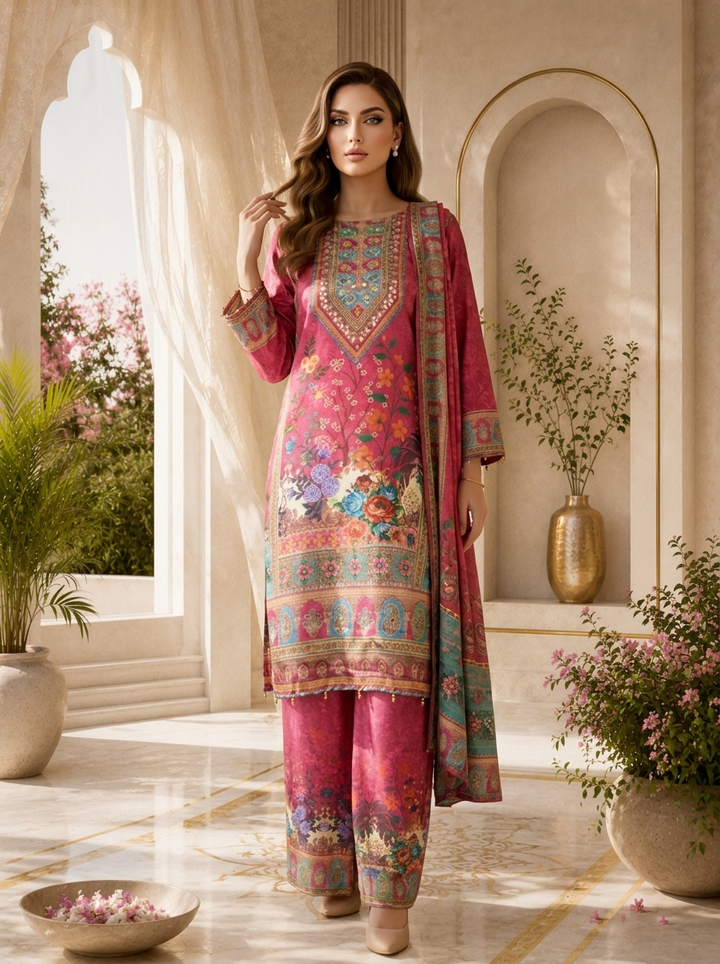 Magenta Crepe Paisley Digital Printed Three Piece Set