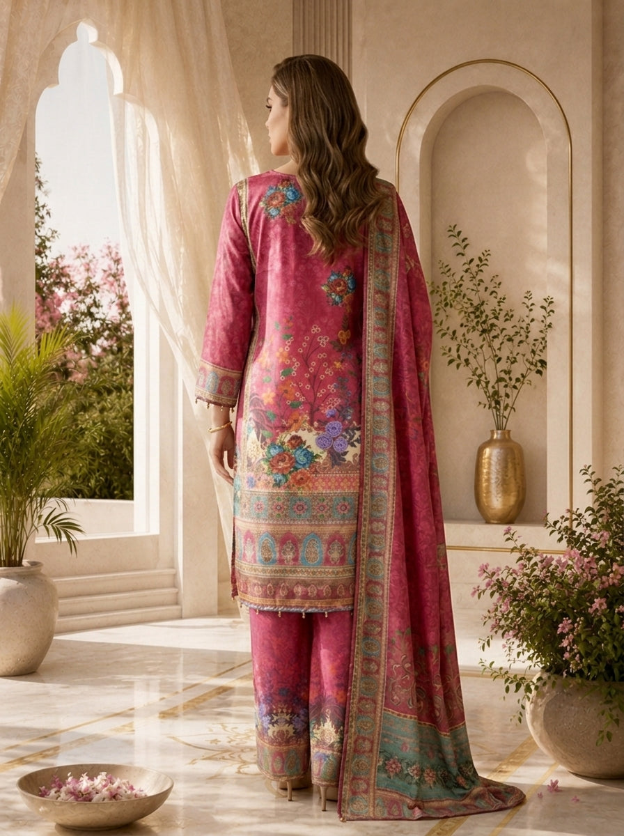 Magenta Crepe Paisley Digital Printed Three Piece Set