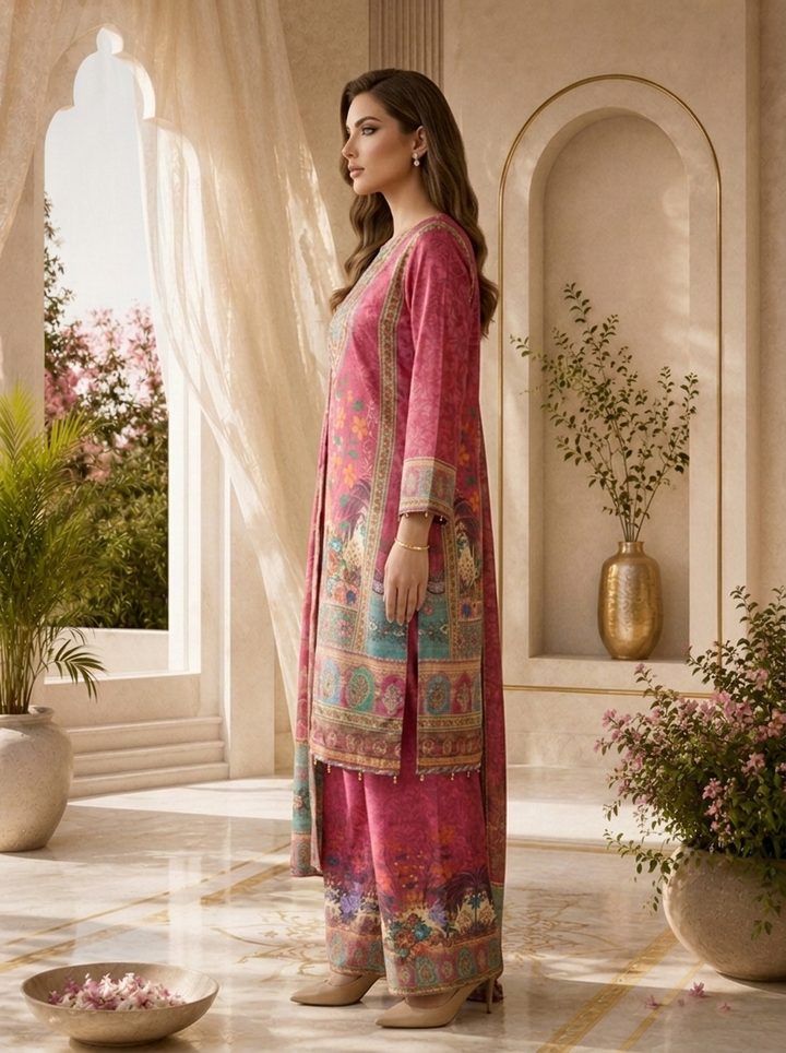 Magenta Crepe Paisley Digital Printed Three Piece Set