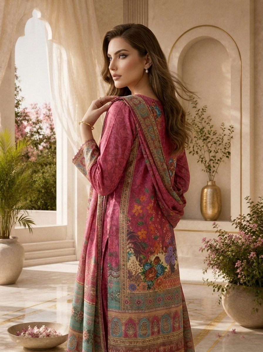 Magenta Crepe Paisley Digital Printed Three Piece Set