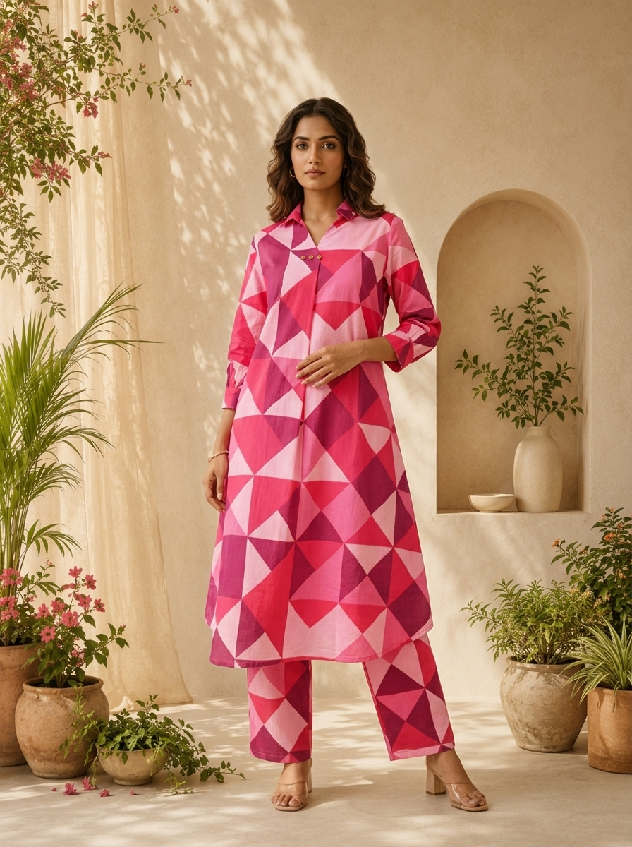 Rani Pink Cotton Abstract Printed Two Piece Set
