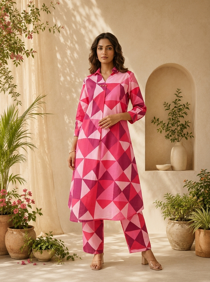 Rani Pink Cotton Abstract Printed Two Piece Set