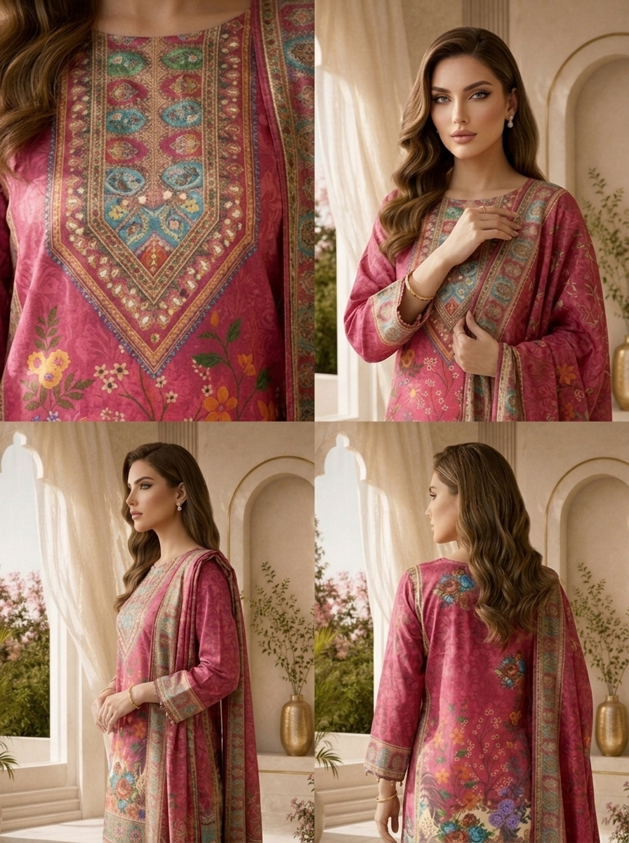 Magenta Crepe Paisley Digital Printed Three Piece Set