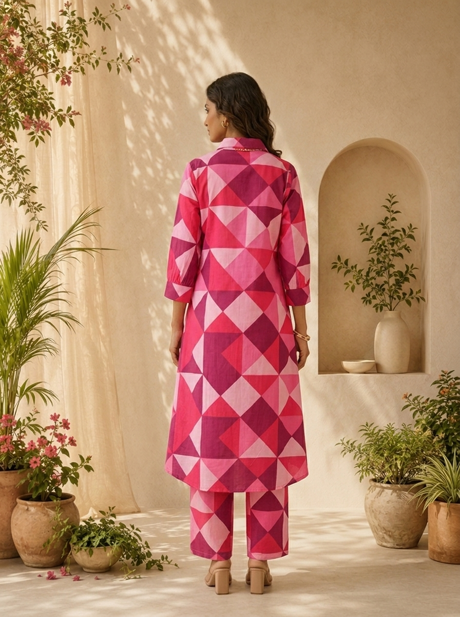 Rani Pink Cotton Abstract Printed Two Piece Set